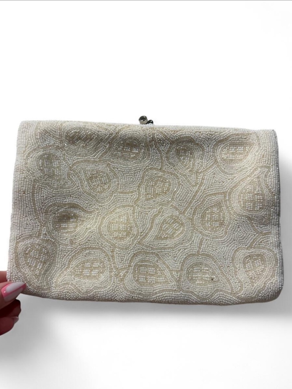 Vintage 1950s Cream Beaded Clutch Jeweled Clasp Paisley Evening Bag Bridal - Picture 1 of 4